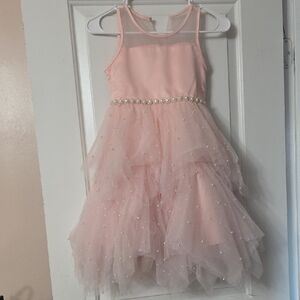 Girls Pink Tulle Party Dress with Pearl Waist